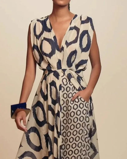 Completo Due Pezzi Casual Senza Maniche a Fantasia con Vita Sottolineata